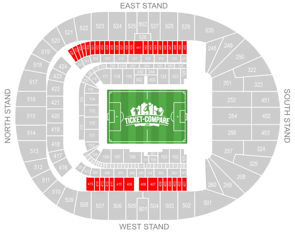 Seating plan Tottenham Hotspur Stadium - East & West Stand uitgelicht