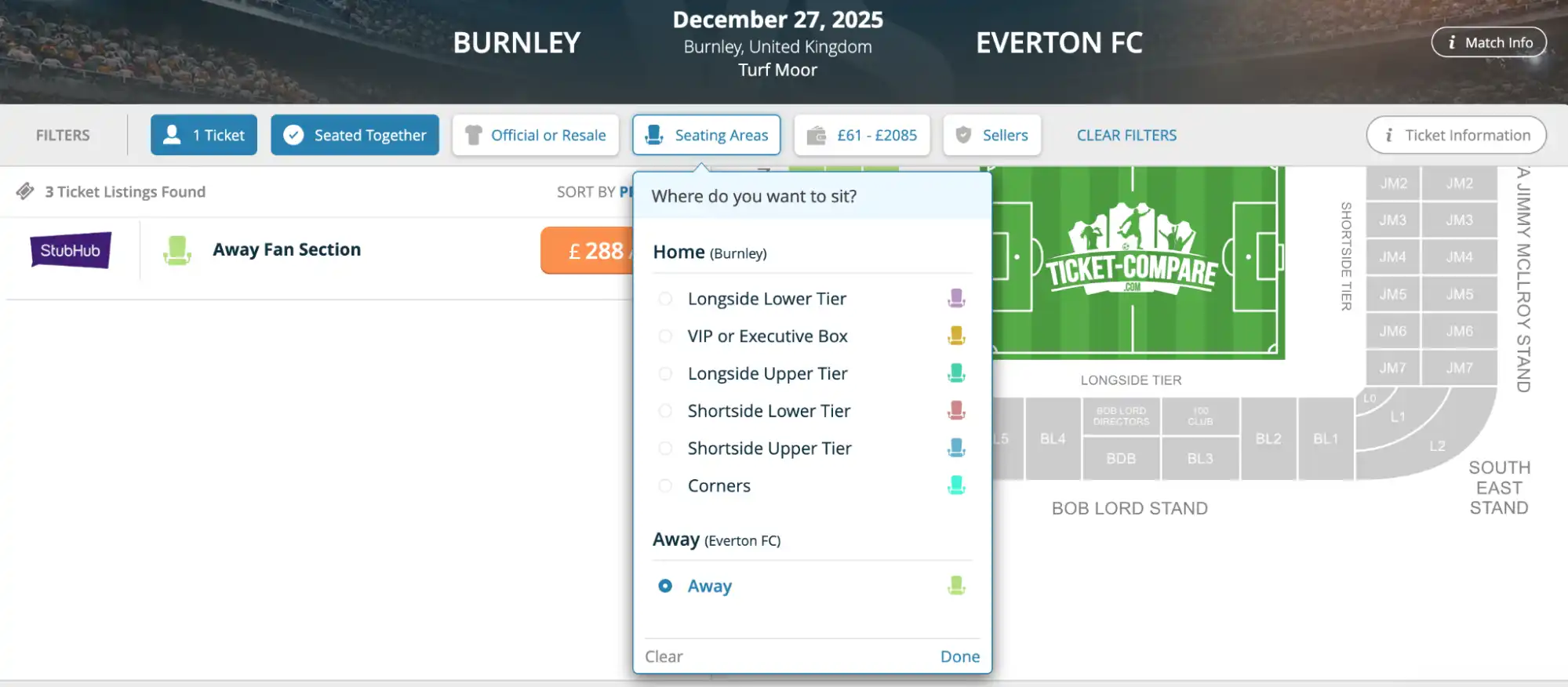 screenshot Home and Away filter Burnley VS Everton