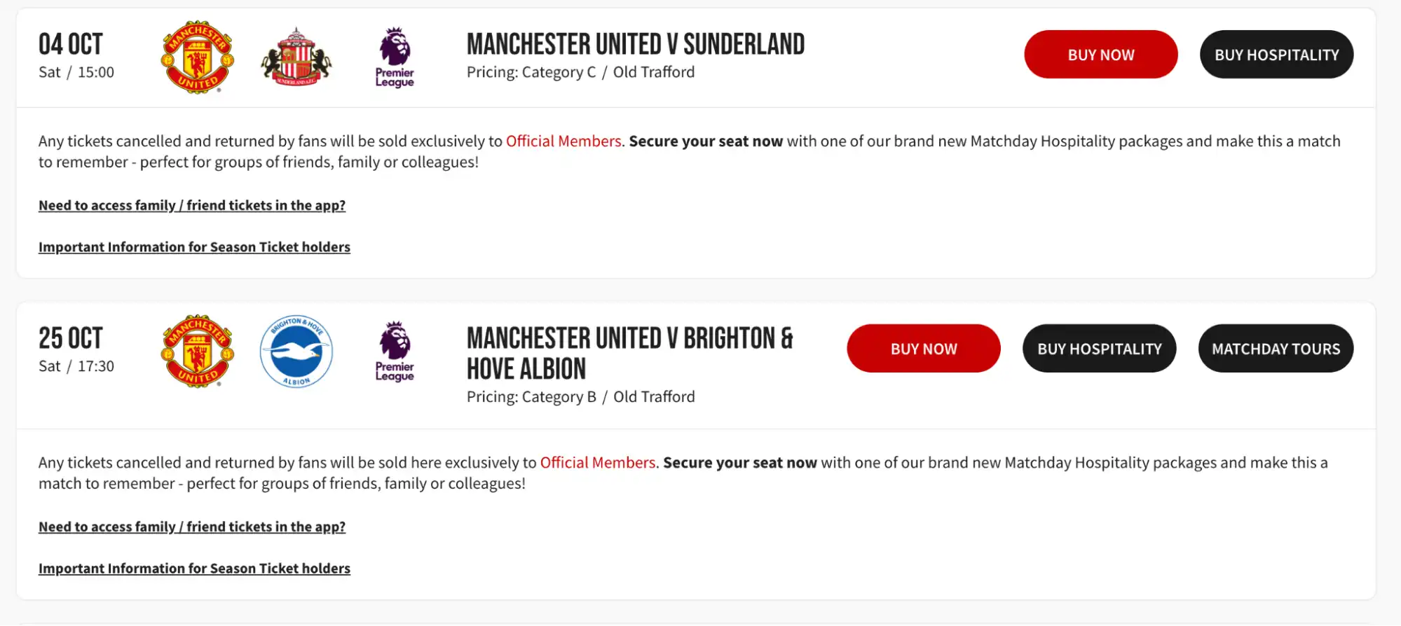 screenshot Manchester United wedstrijden op officiële website