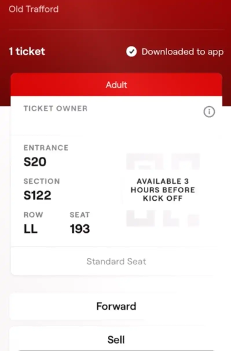 screenshot van Manchester United ticket in de officiële app