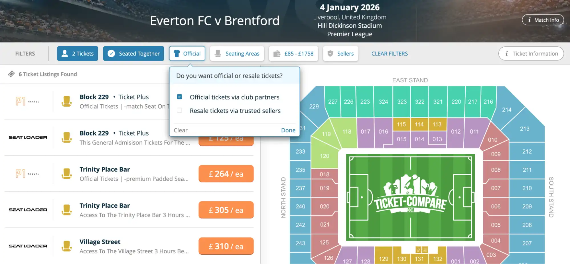 screenshot van Official/Resale tickets optie op Everton kaarten pagina