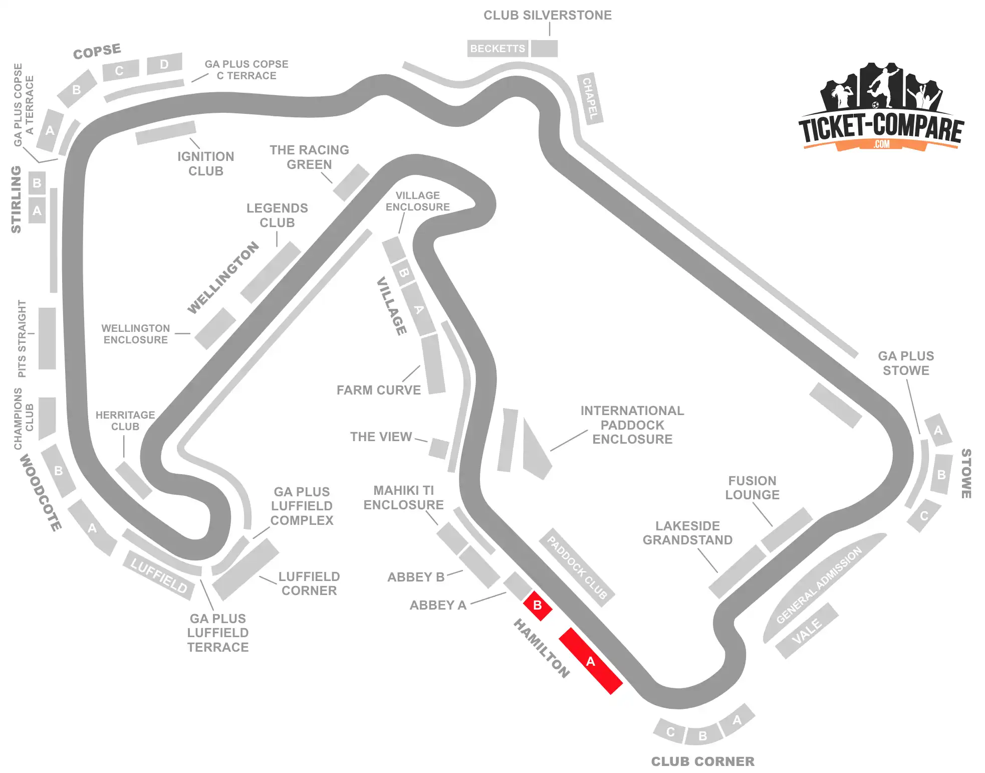 ScreenShot SilverStone Circuit seating plan met Hamilton sections highlighted