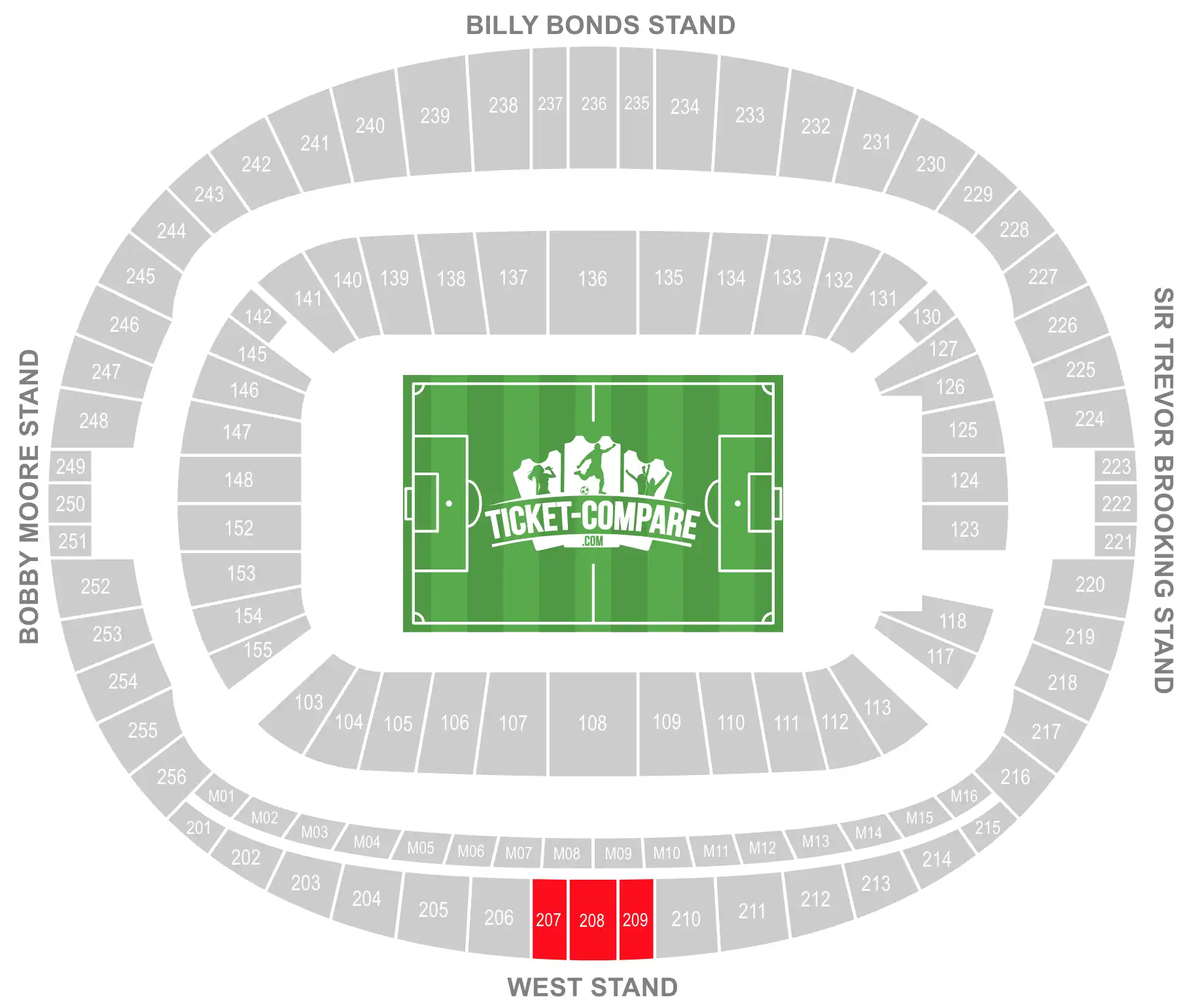 London Stadium Seating Plan met highlight op 207, 208, 209