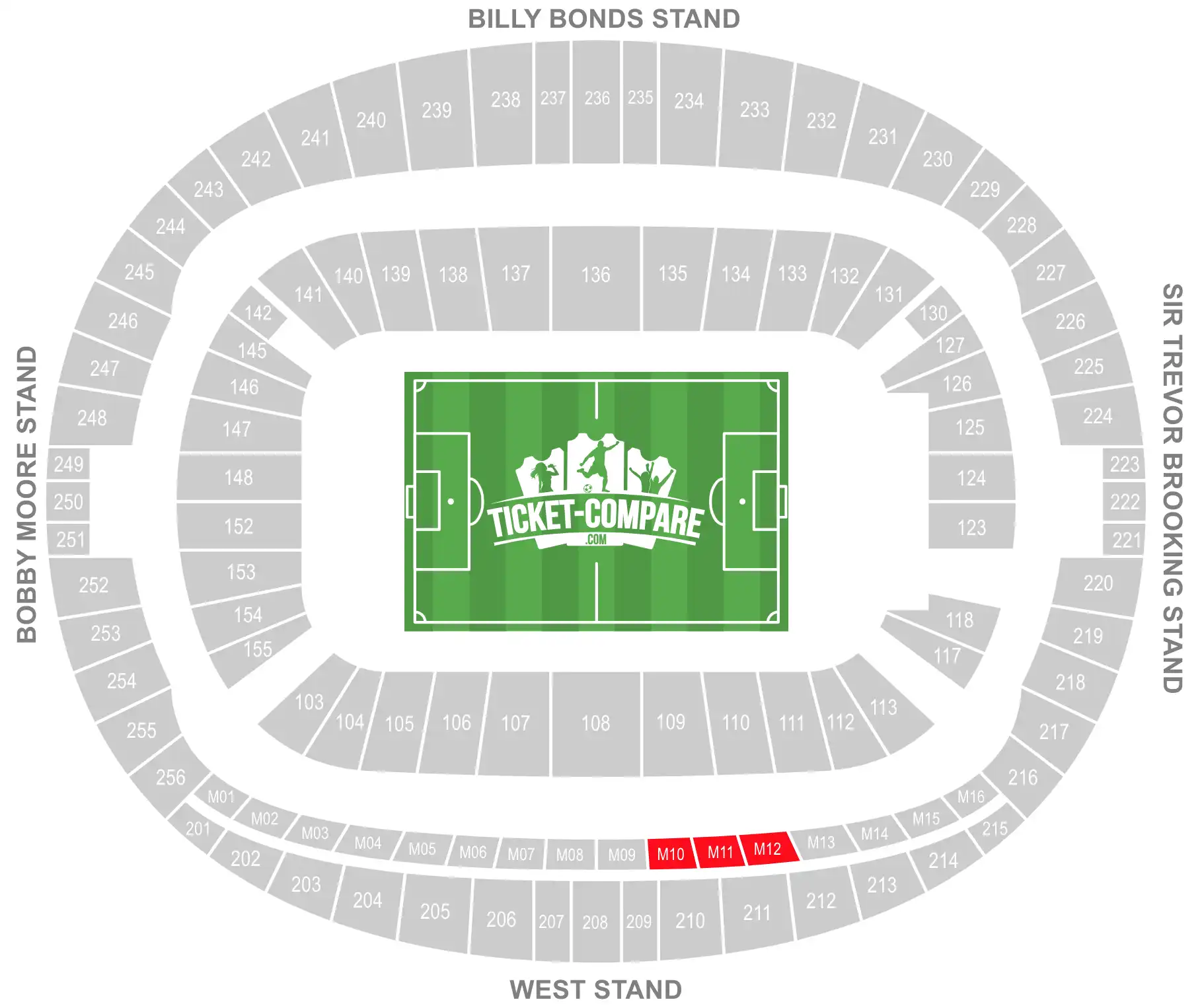 London Stadium Seating Plan met highlight op de M10, M11, M12 secties
