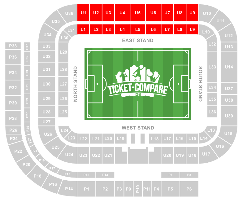 Screenshot van het Stadium of Light plattegrond met East Stand gemarkeerd