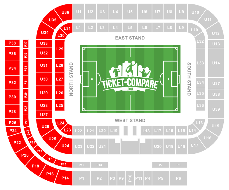 Screenshot van het Stadium of Light plattegrond met North Stand gemarkeerd