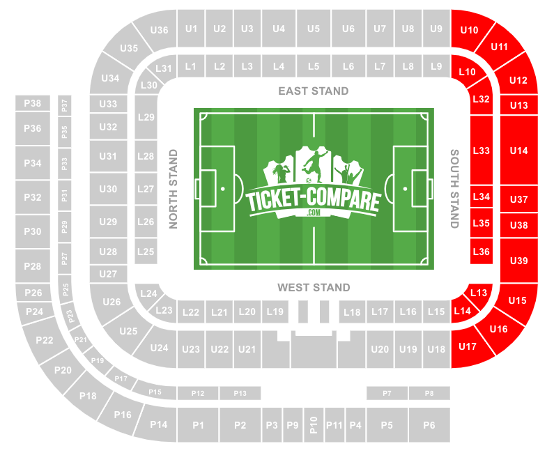 Screenshot van het Stadium of Light plattegrond met South Stand gemarkeerd