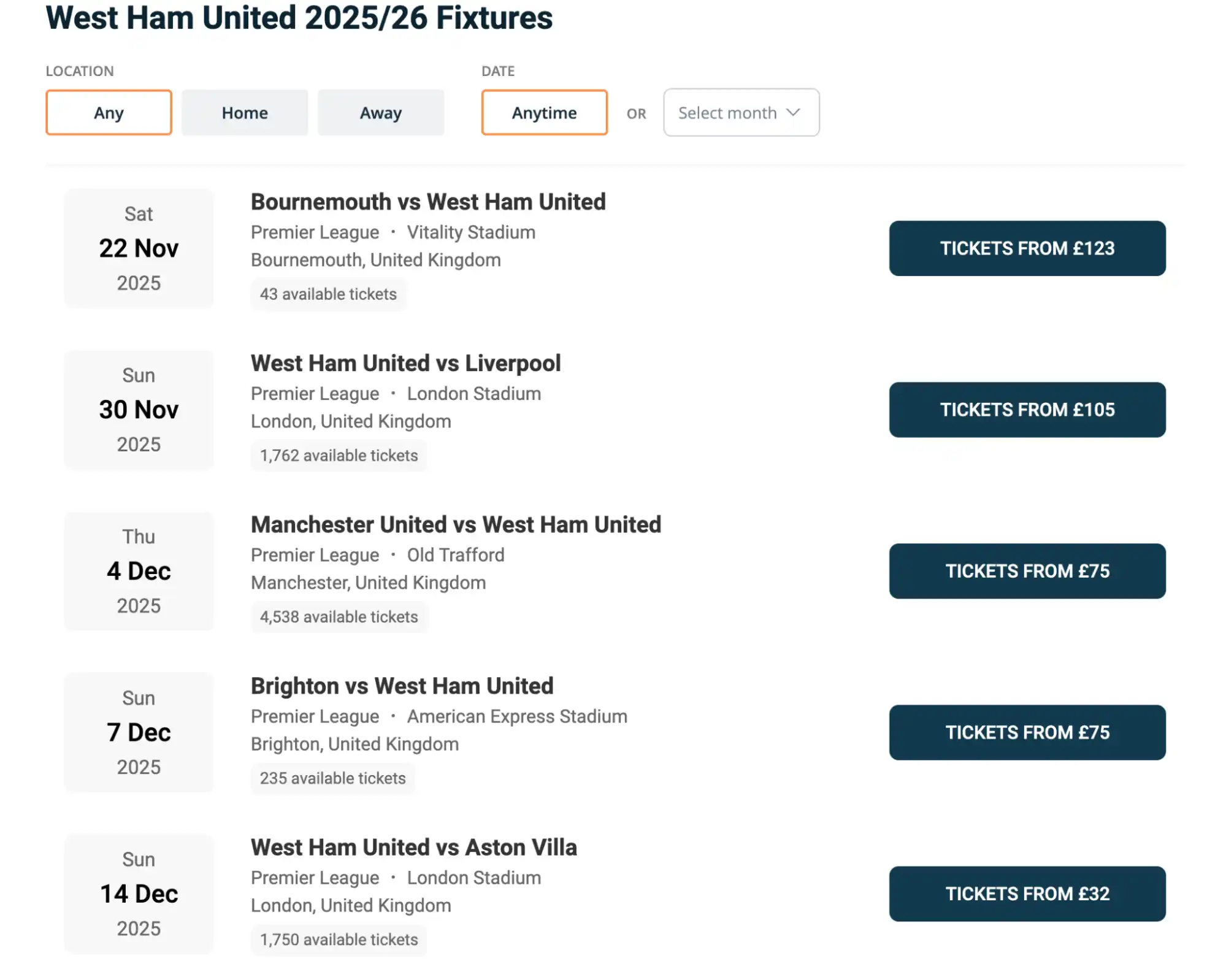 West Ham kalander screenshot
