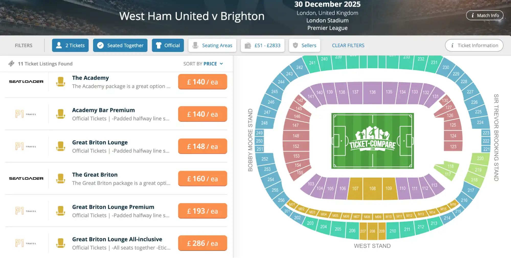 Screenshot West Ham United v Brighton kaarten