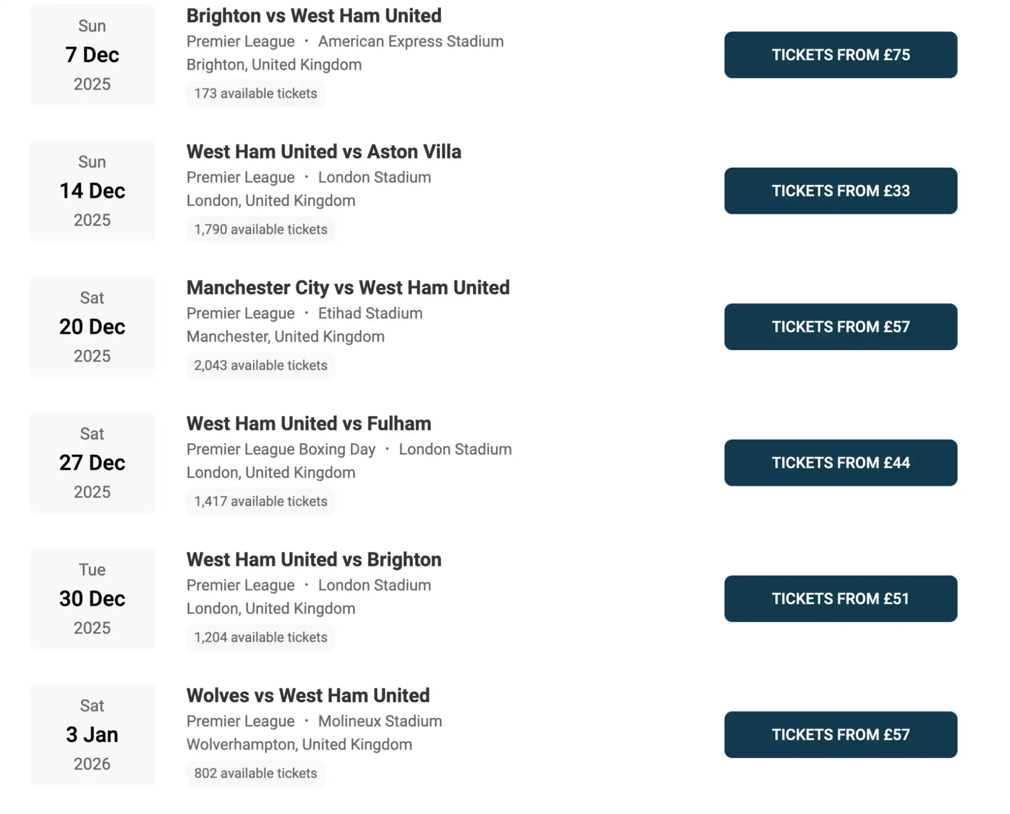 screenshot West Ham United Fixtures