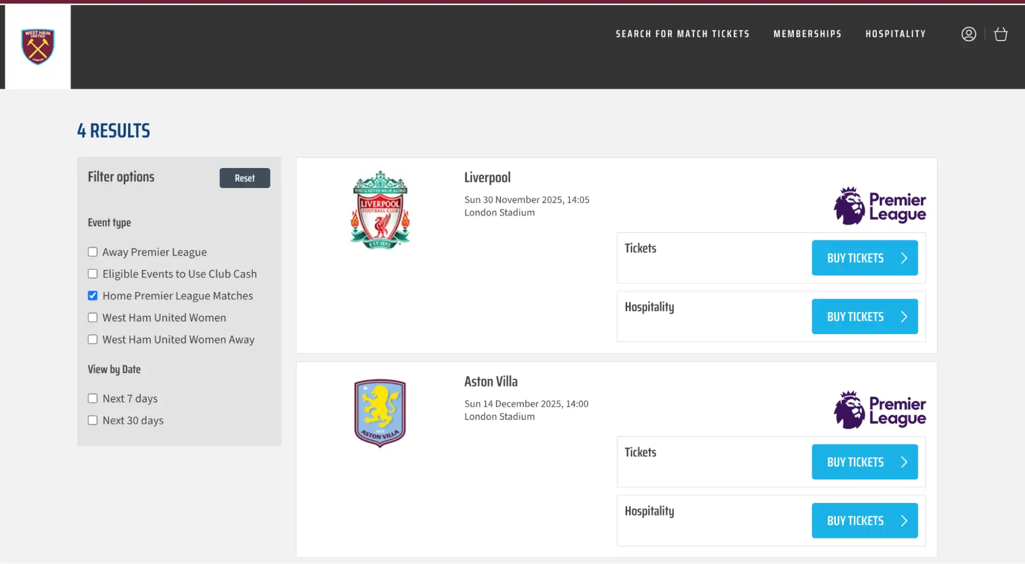 Club ticketing portal screenshot