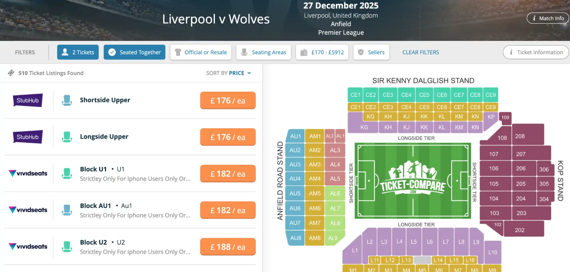 screenshot of Liverpool v Wolves match tickets
