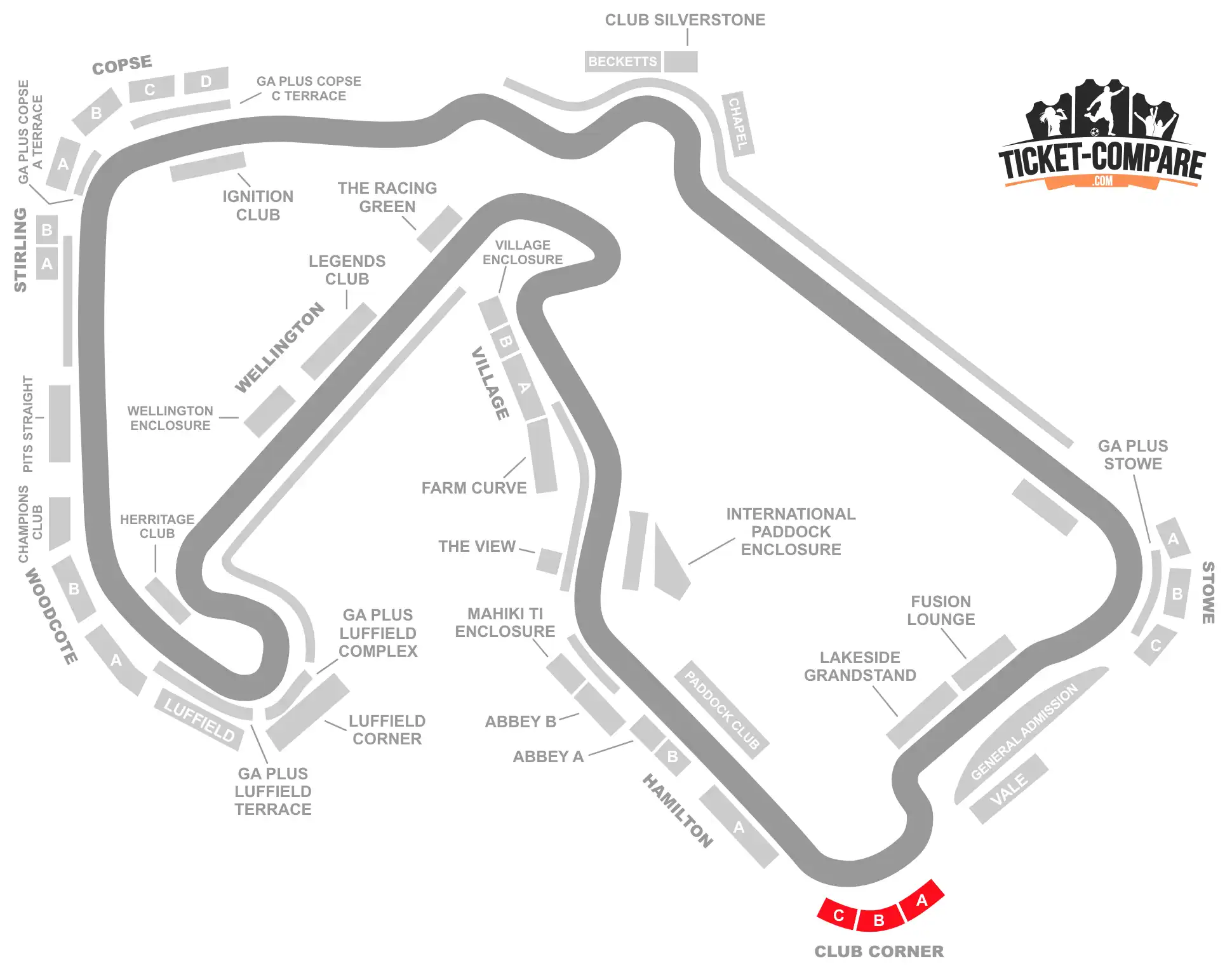 ScreenShot Silverstone Circuit Seating plan met Club Corner highlighted