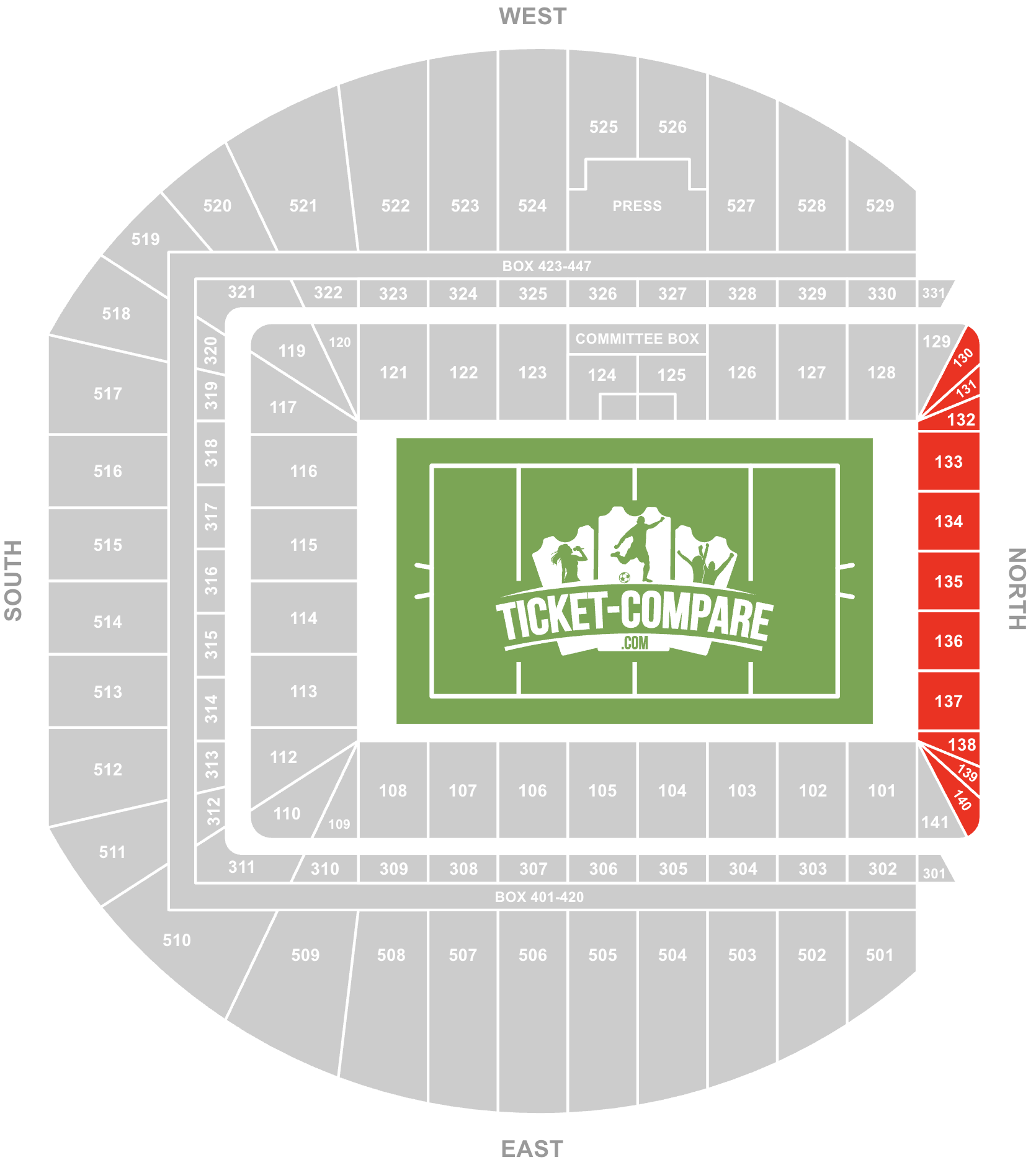 Screenshot Aviva Stadium Seating Plan met North Stand gemarkeerd