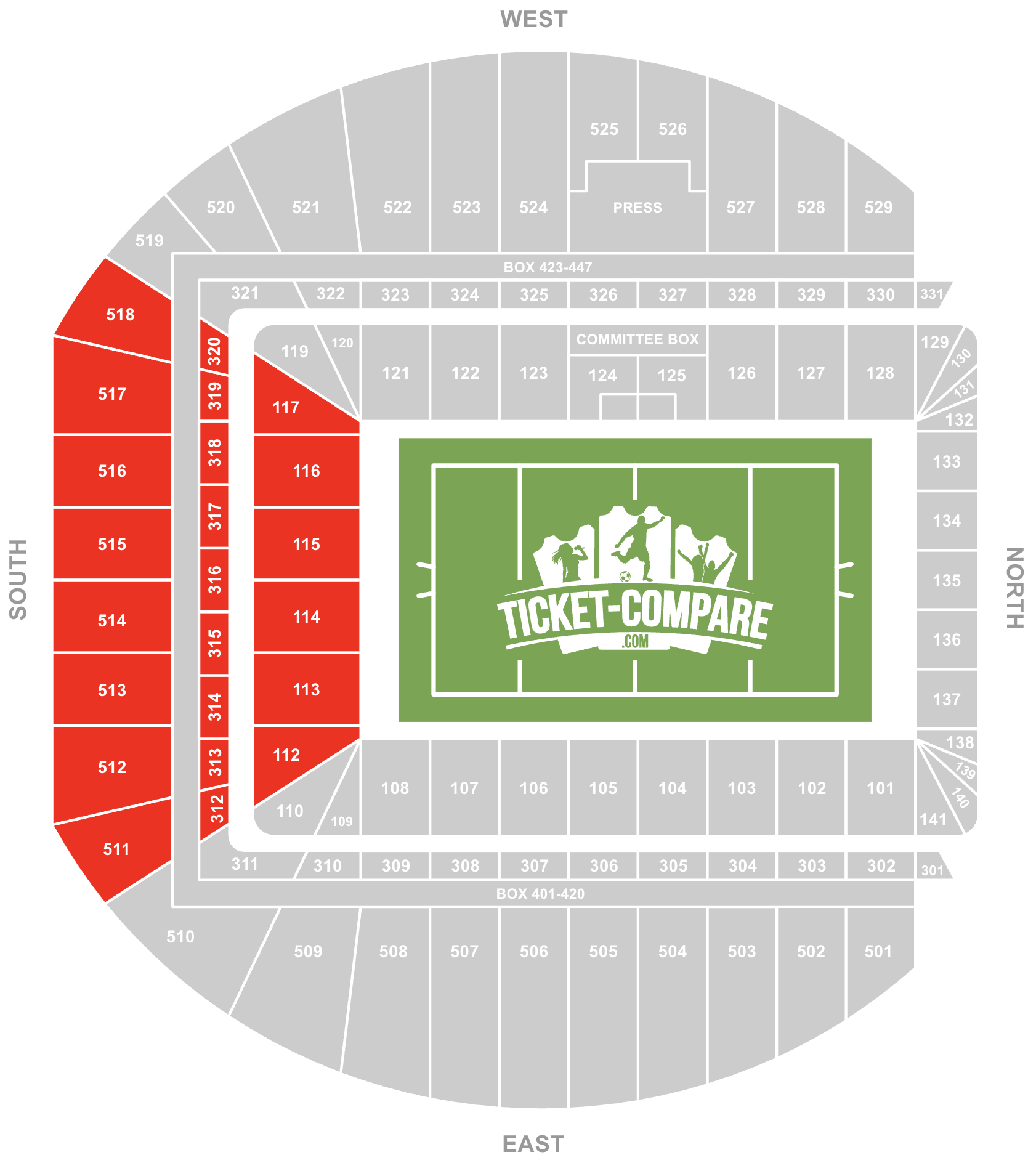 Screenshot Aviva Stadium Seating Plan met South Stand gemarkeerd