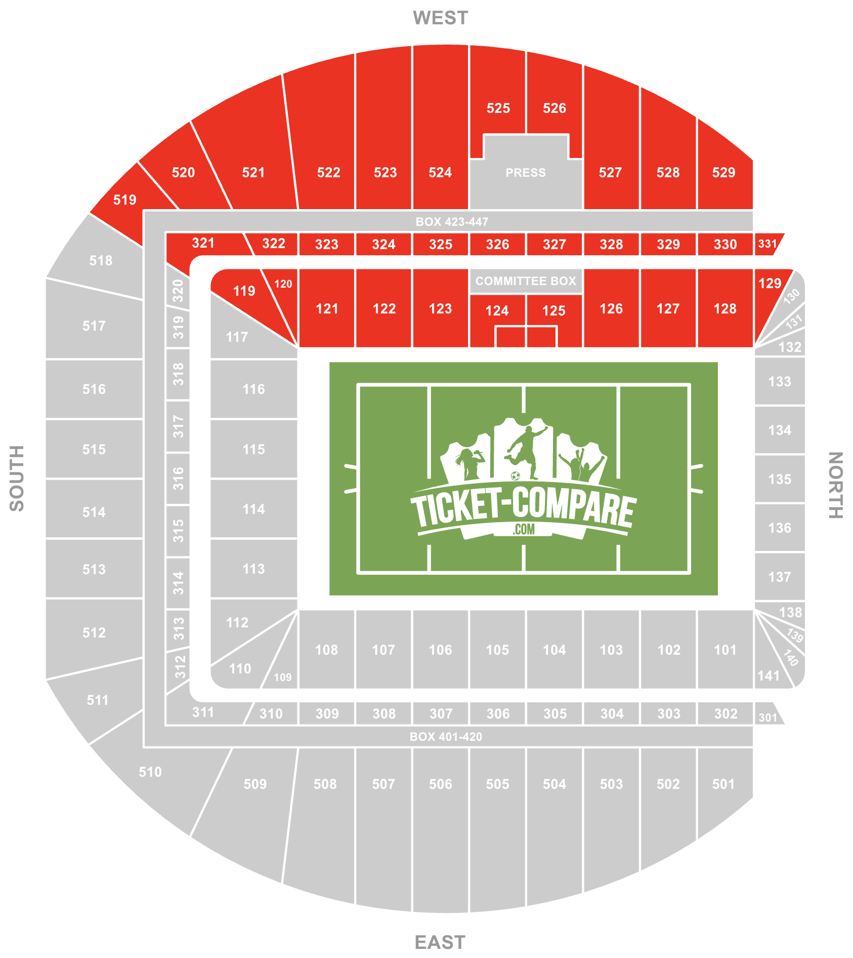 Screenshot Aviva Stadium Seating Plan met West Stand gemarkeerd