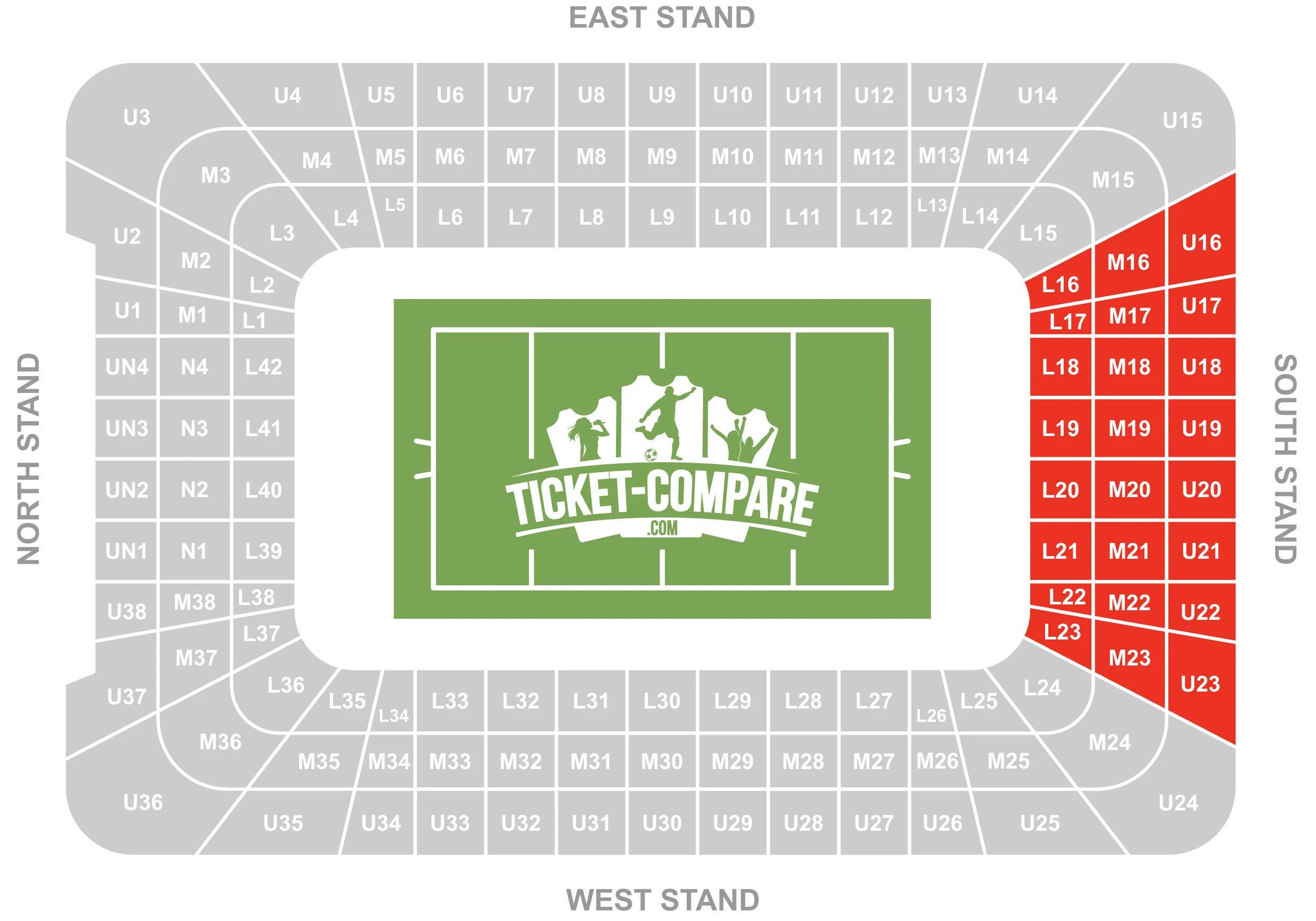 Screenshot Zitplan Principality Stadium met South Stand gemarkeerd
