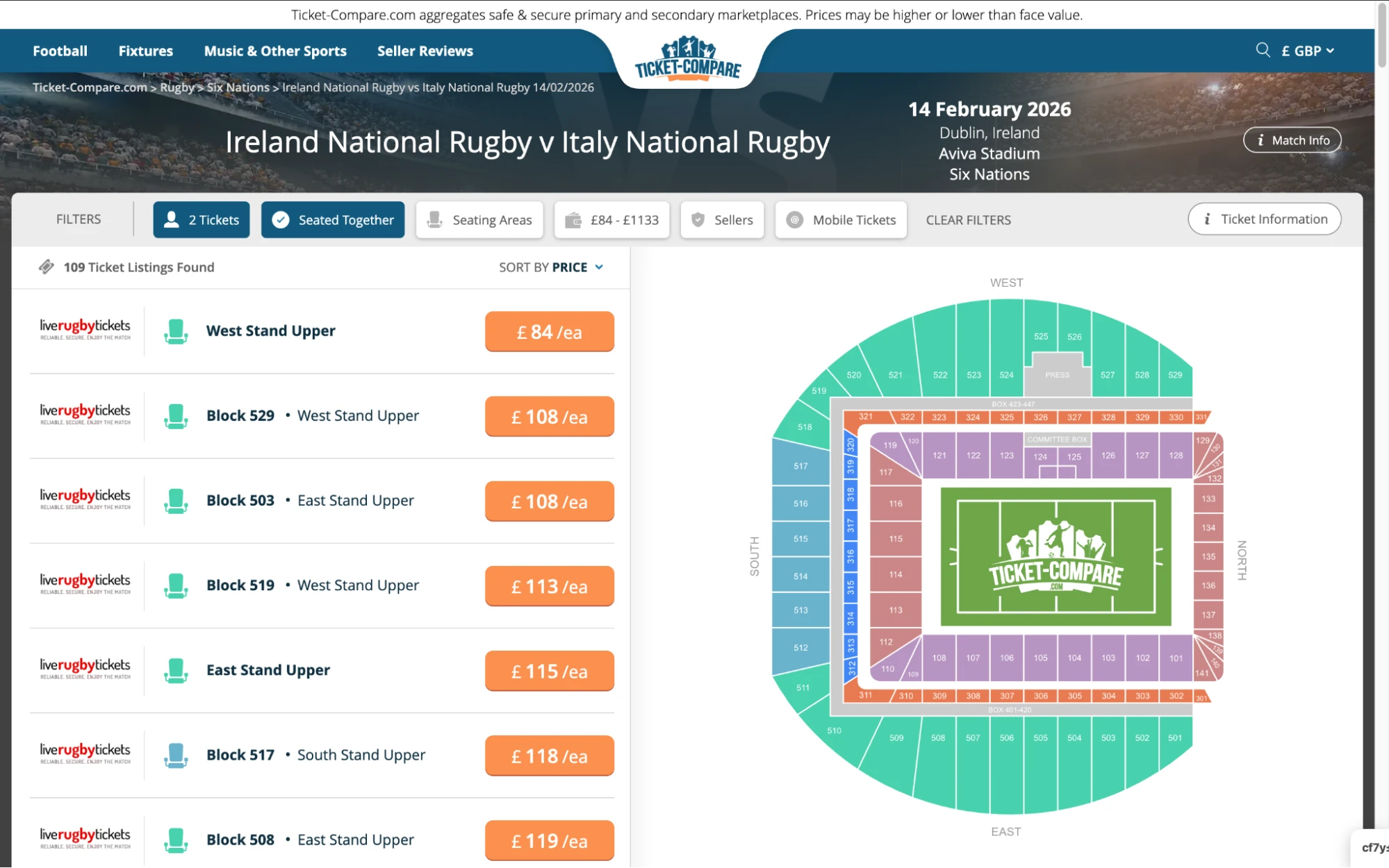 Screenshot van Ireland National Rugby vs Italy National Rugby kaarten overzicht