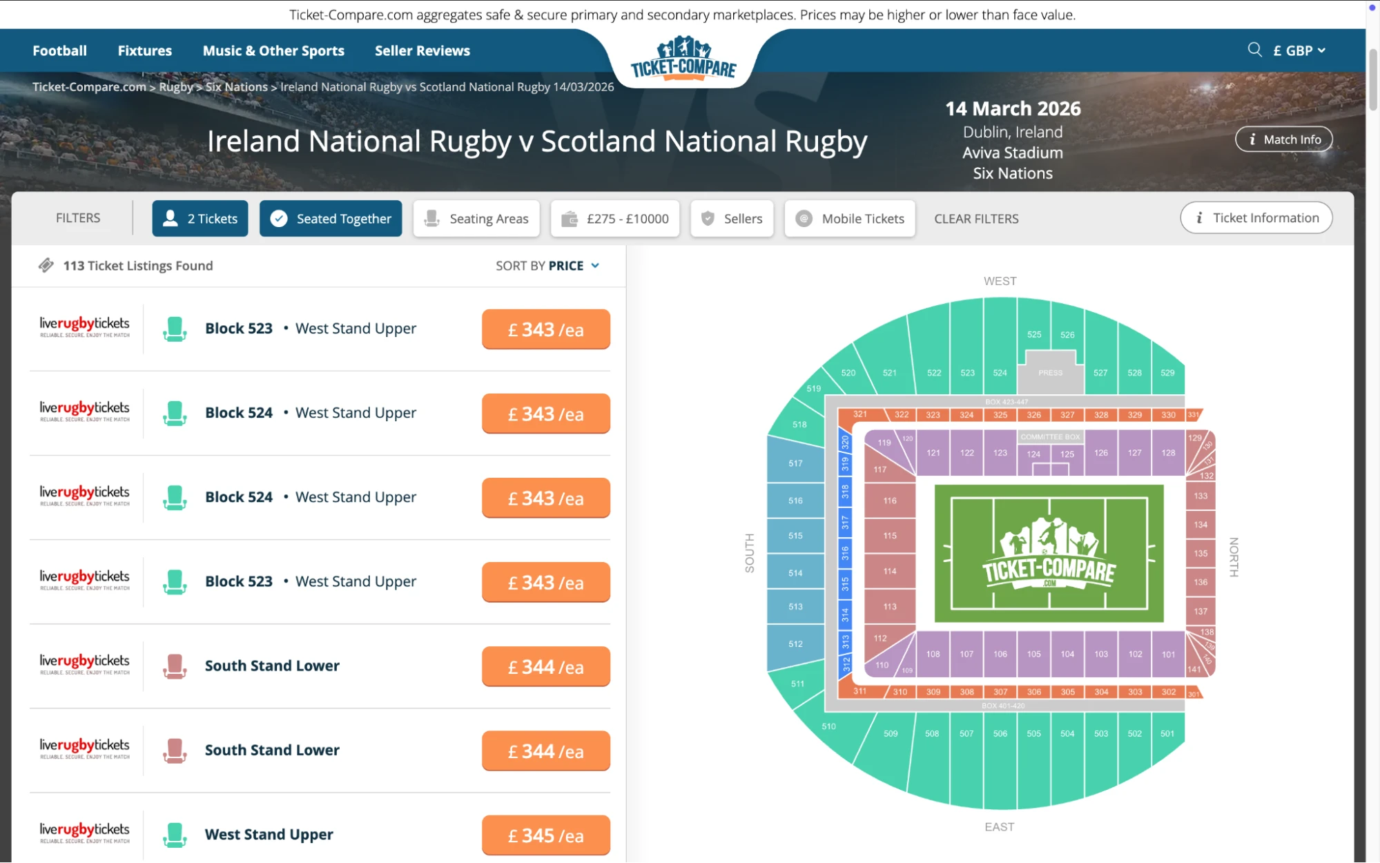 Screenshot van Ireland National Rugby v Scotland National Rugby tickets pagina