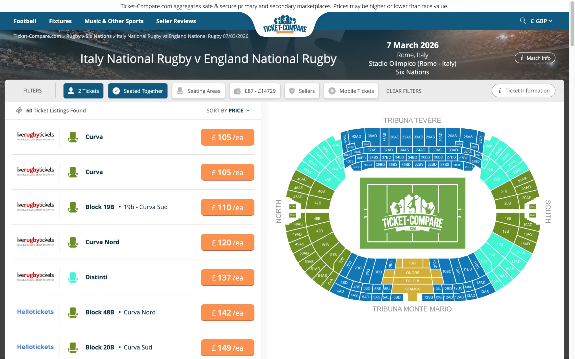 Screenshot van Italië National Rugby v England National Rugby ticketpagina