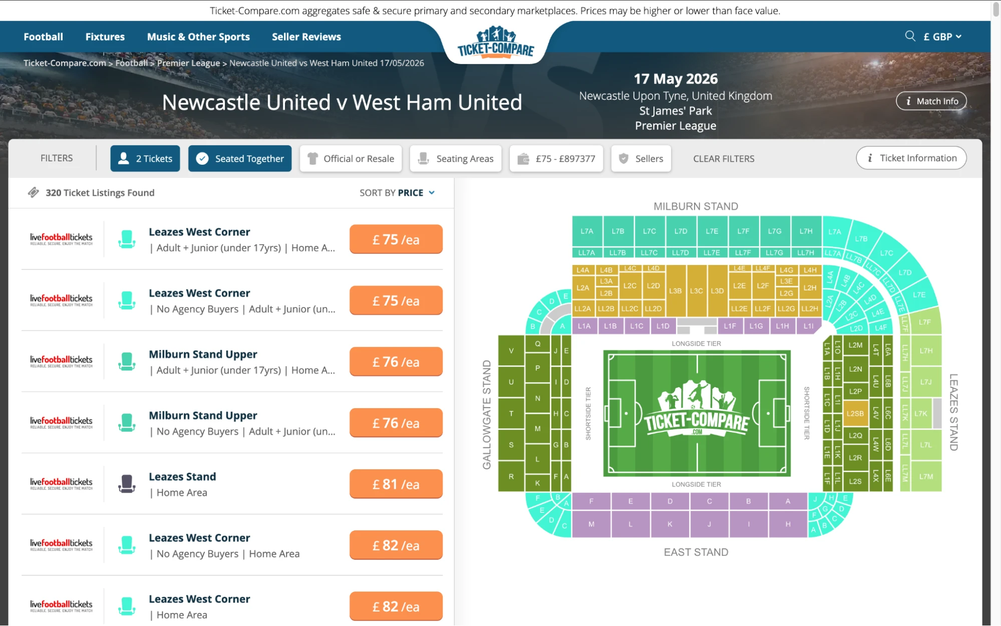 Screenshot Newcastle United v West Ham tickets pagina