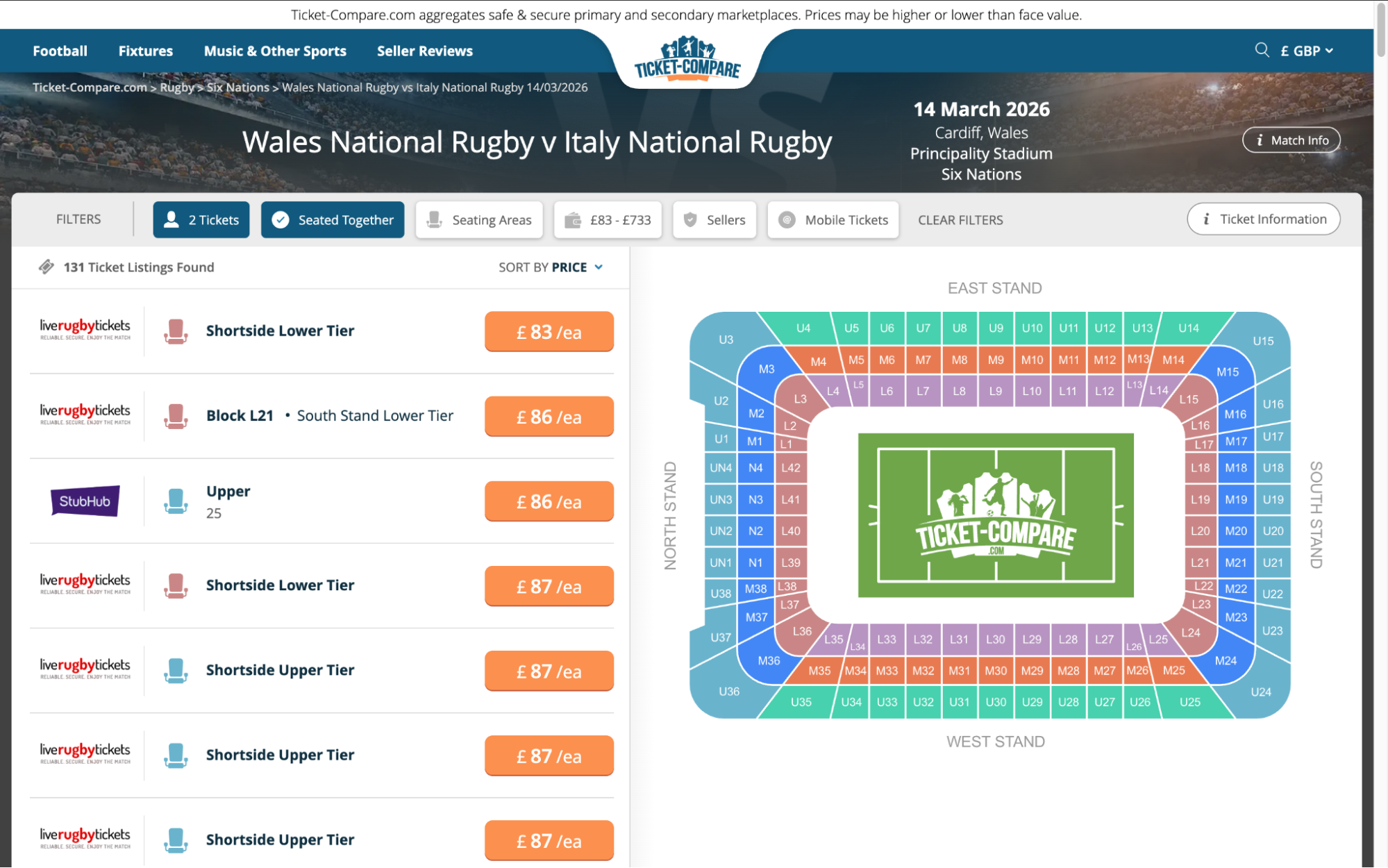Screenshot van Wales - Italië tickets overzicht