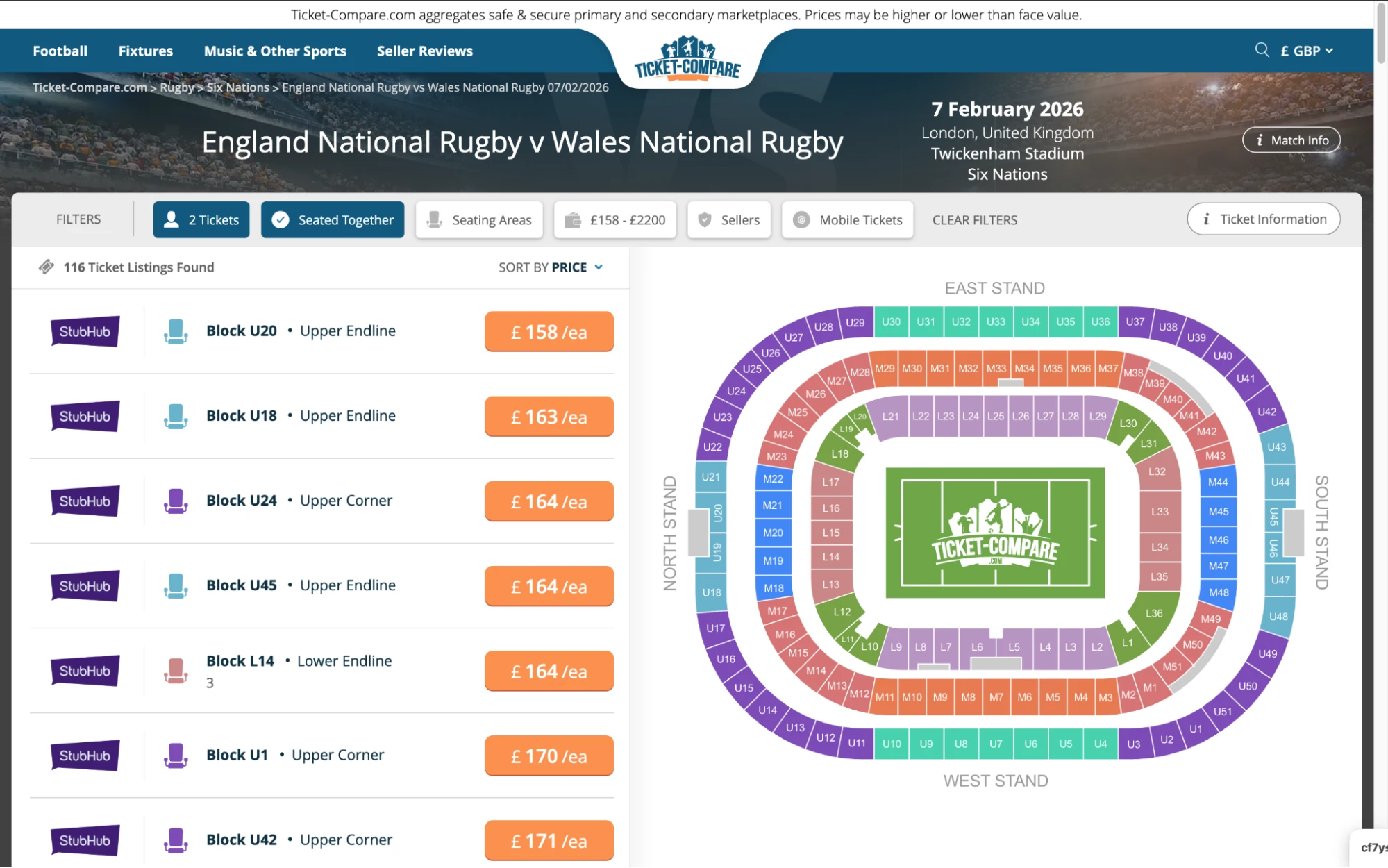 screenshot van England National Rugby v Wales National Rugby tickets pagina