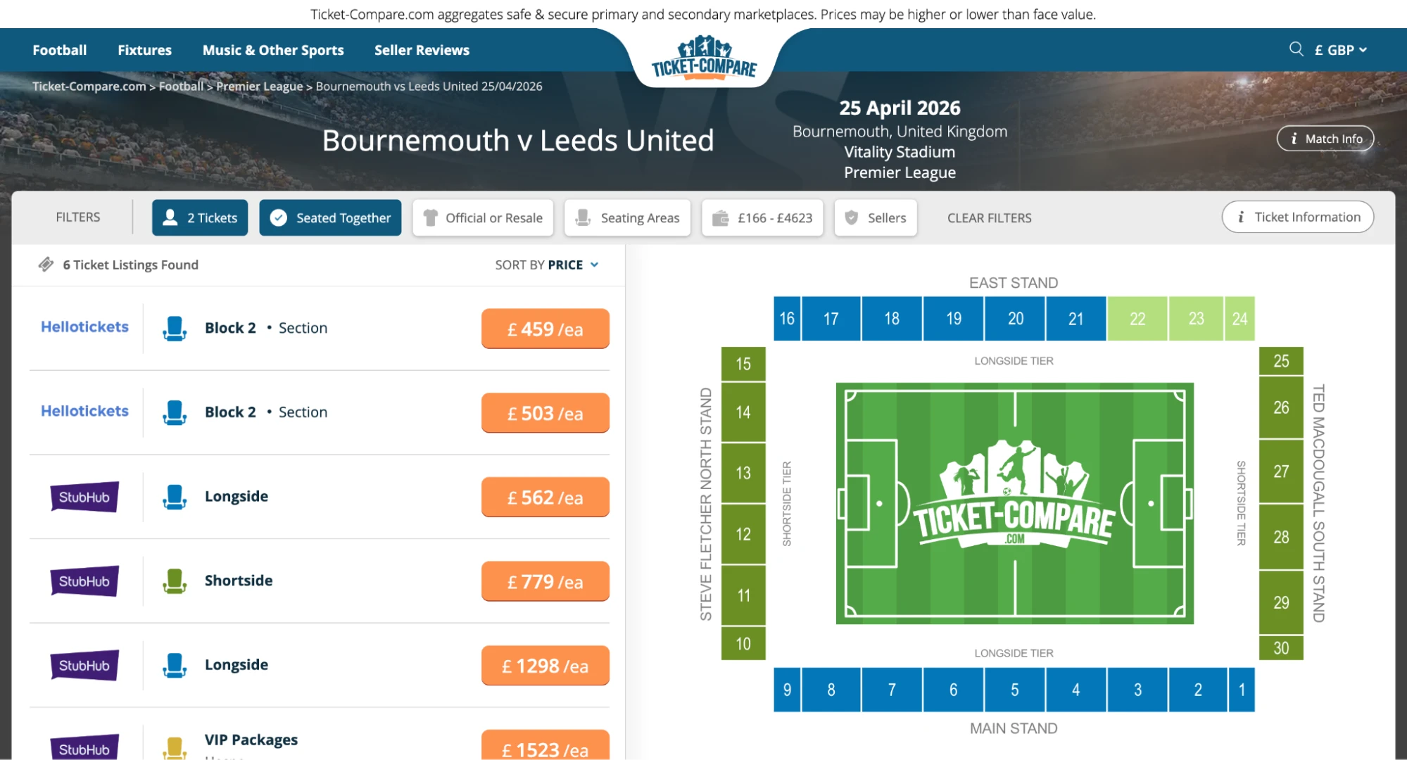 Screenshot of Bournemouth v Leeds United tickets page screenshot