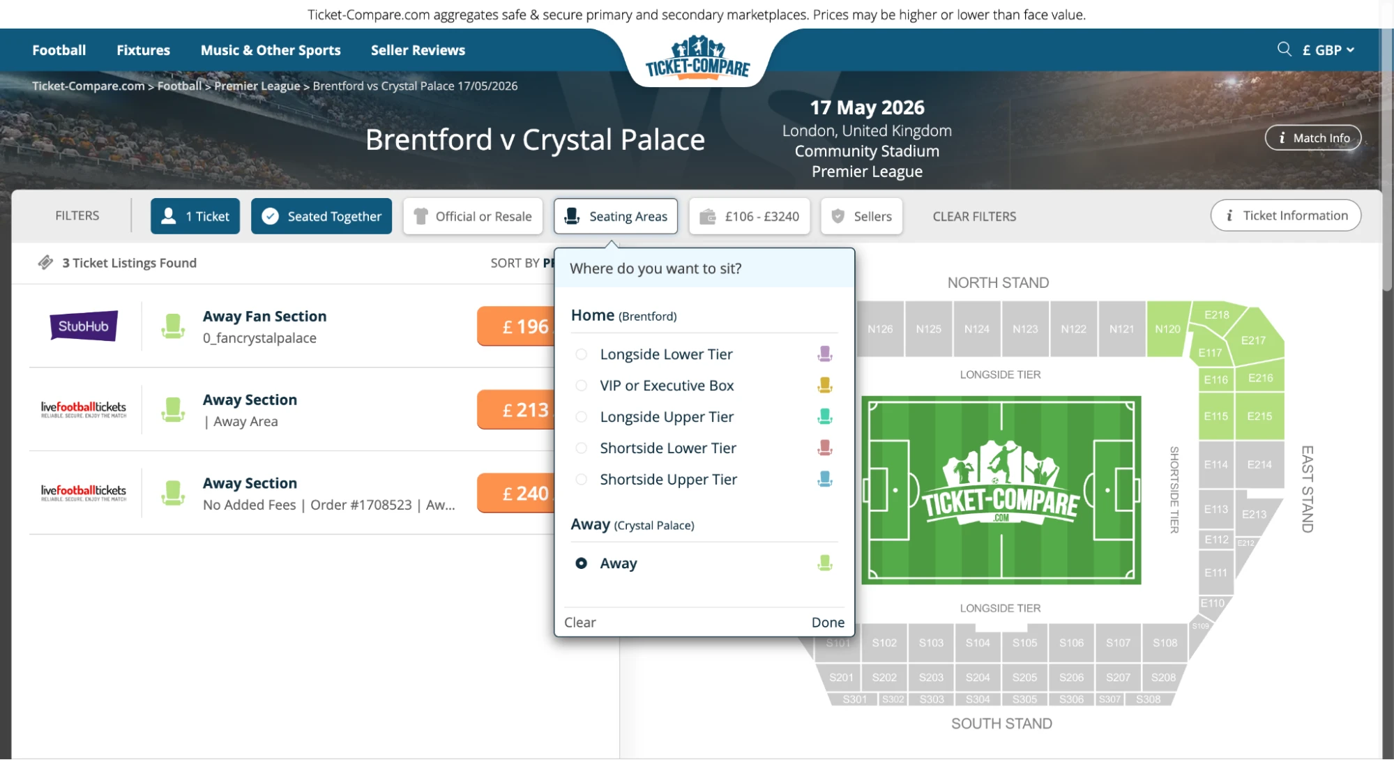 Screenshot van de zitplaatsen bij Brentford v Crystal Palace tickets