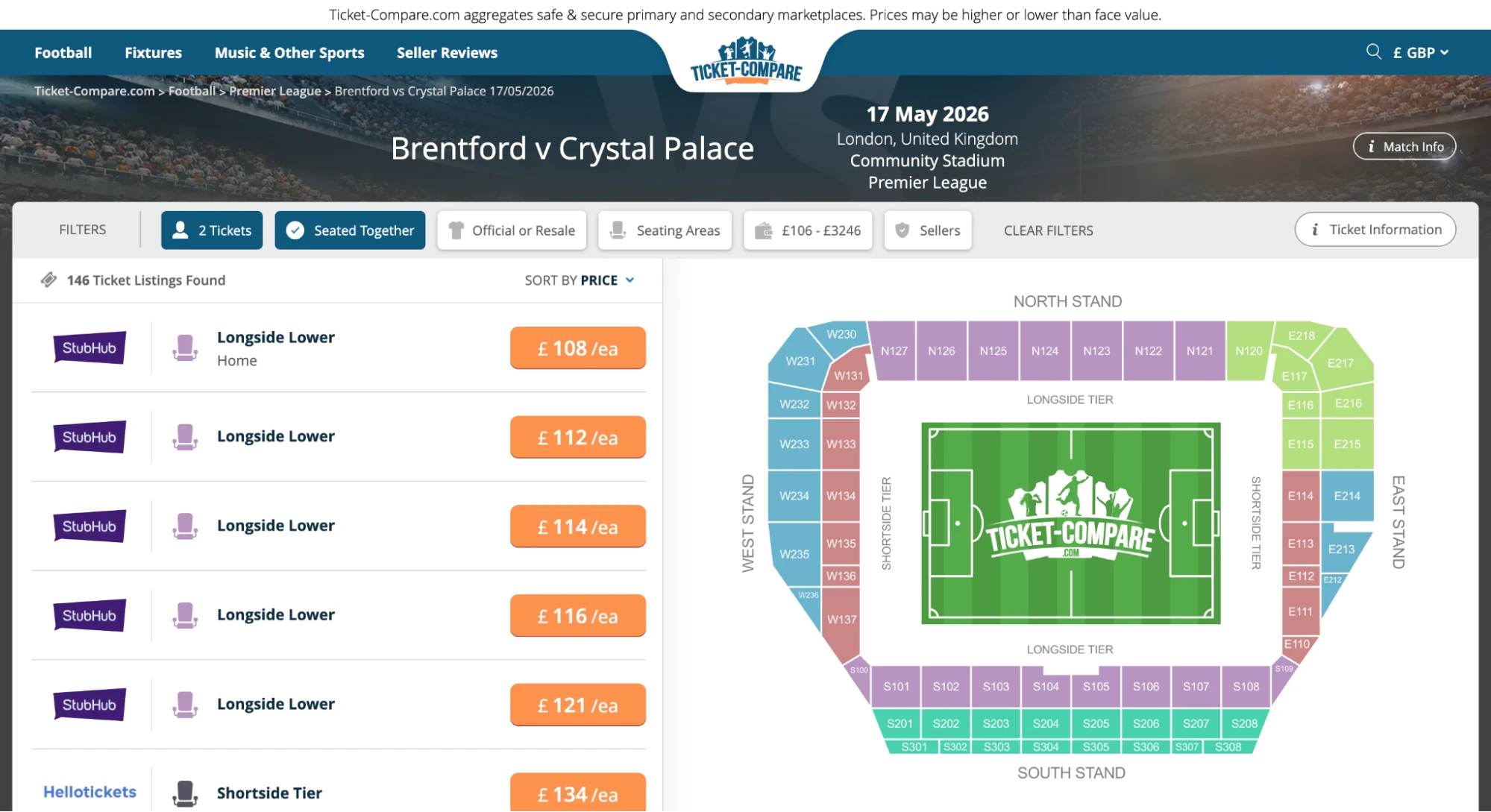 Screenshot Brentford v Crystal Palace tickets pagina