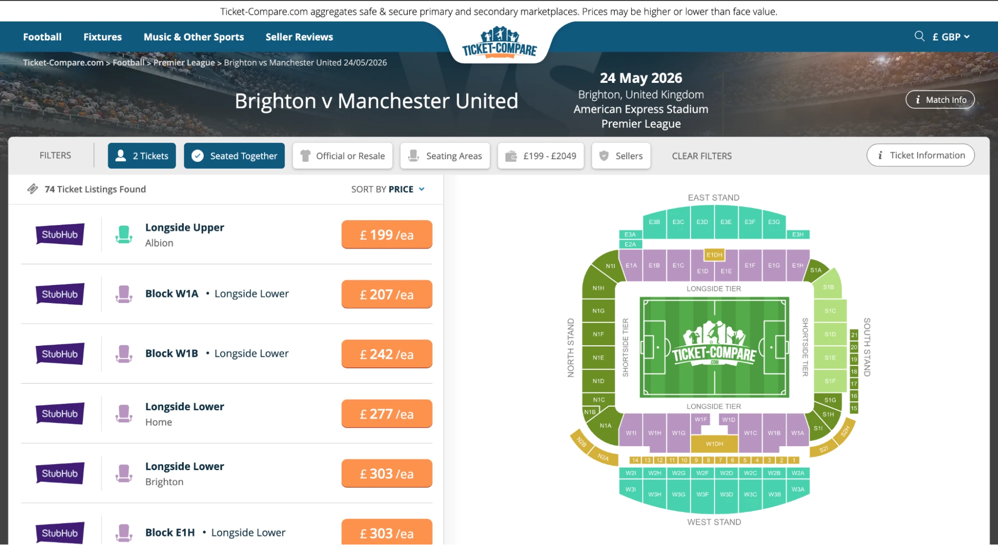 Screenshot van Brighton v Manchester United kaarten pagina