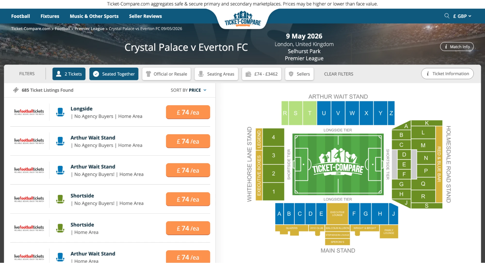 Screenshot van Crystal Palace v Everton FC kaarten overzicht