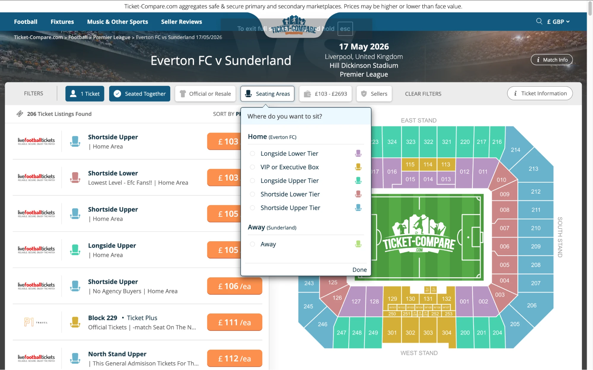Screenshot van Everton v Sunderland tickets pagina