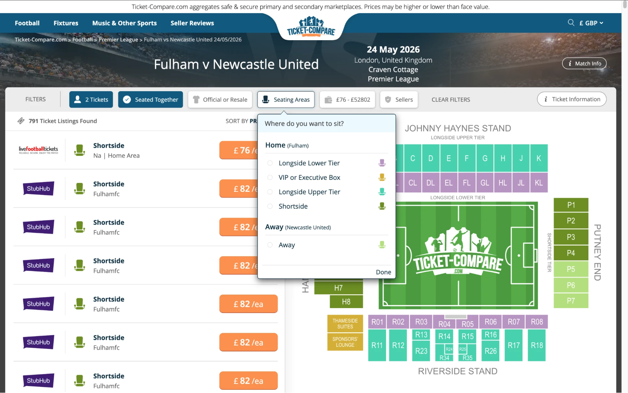 Screenshot van Fulham v Newcastle United tickets pagina