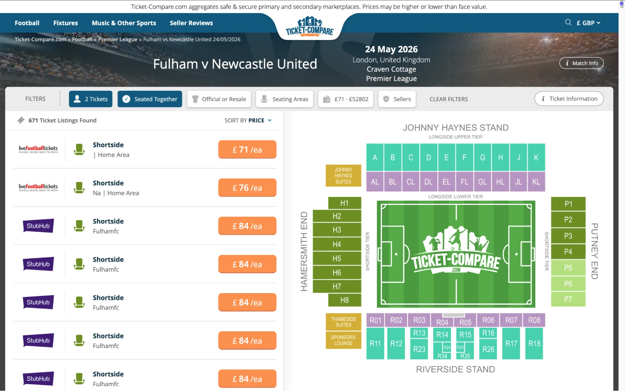 Screenshot Fulham v Newcastle United tickets overzicht
