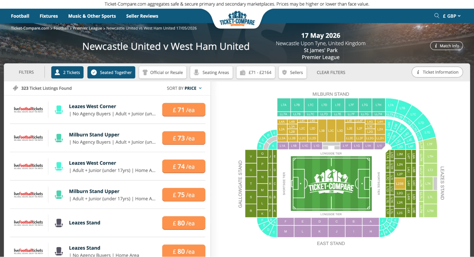Screenshot Newcastle United v West Ham United kaarten pagina