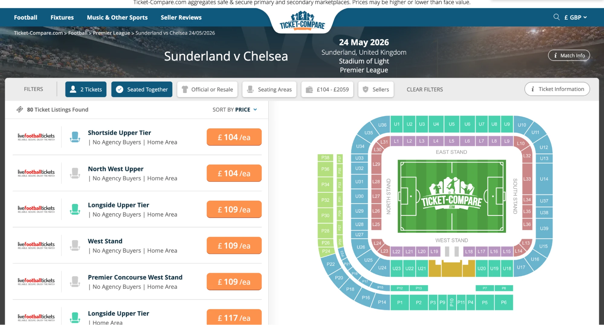 Screenshot van Sunderland v Chelsea kaarten overzicht
