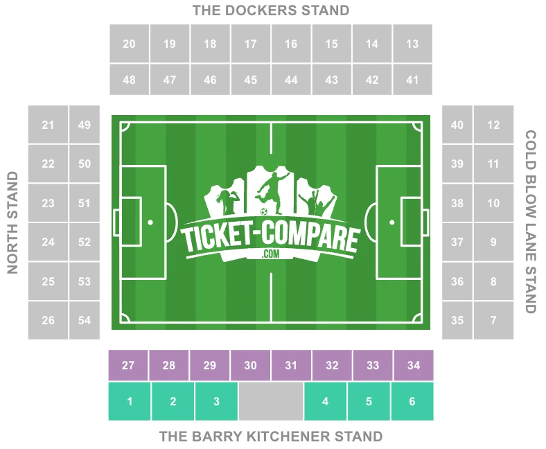 Screenshot van The Den stadion plattegrond met Barry Kitchener Stand gemarkeerd
