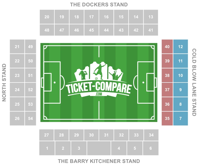 Screenshot van The Den plattegrond met Cold Blow Lane Stand gemarkeerd