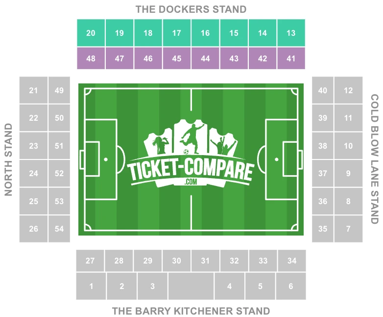 Screenshot van The Den stadion plattegrond met Dockers Stand gemarkeerd