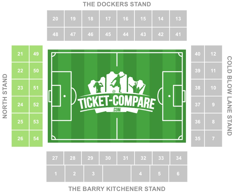 Screenshot van The Den plattegrond met North Stand gemarkeerd