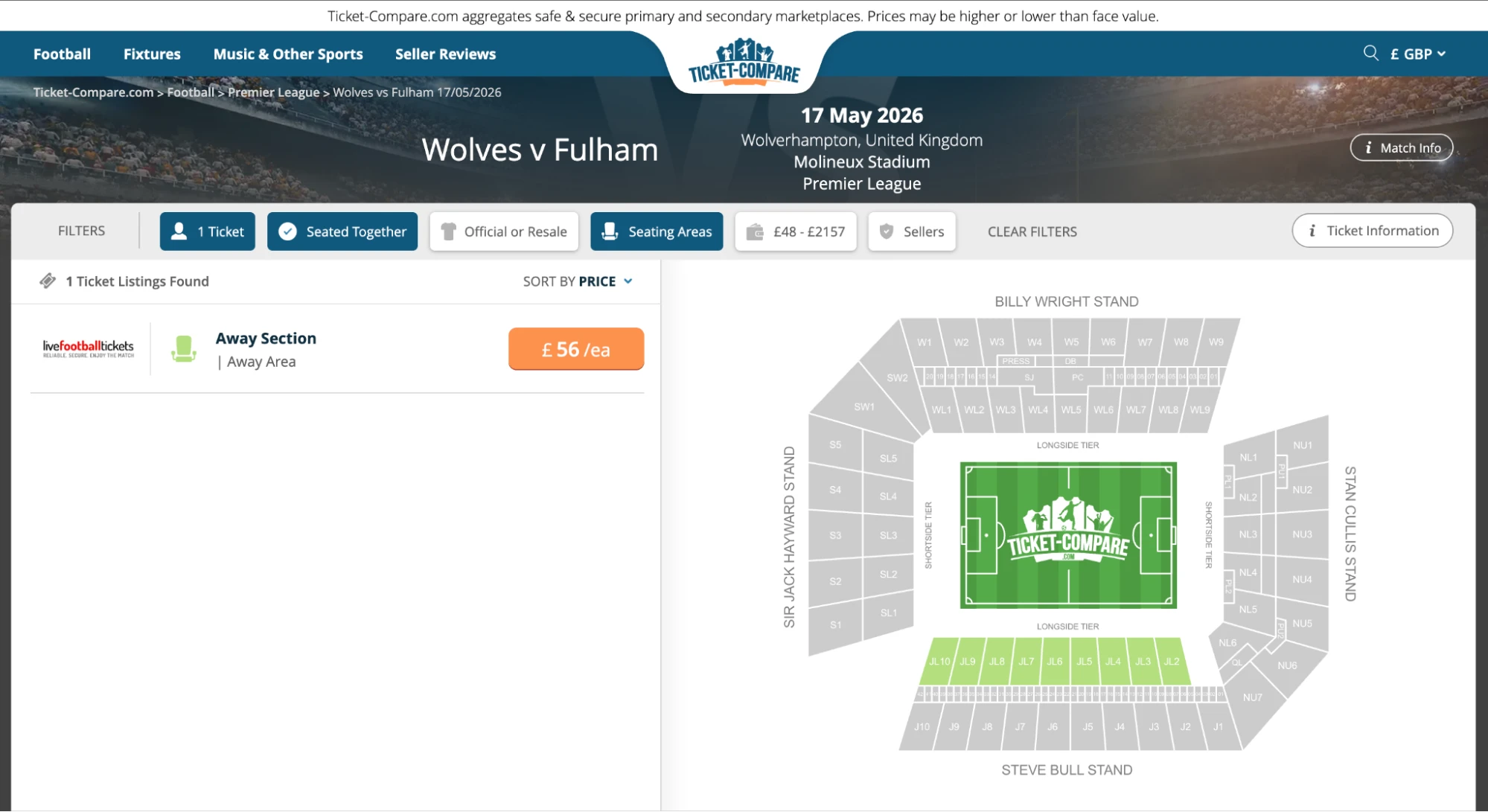 Screenshot van Wolves v Fulham kaarten