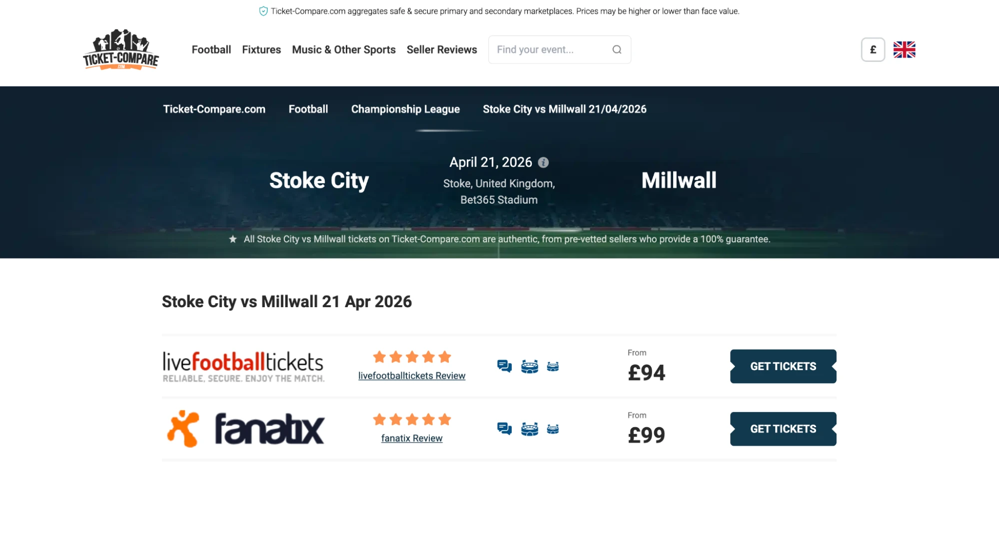 screenshot van Stoke City v Millwall kaarten