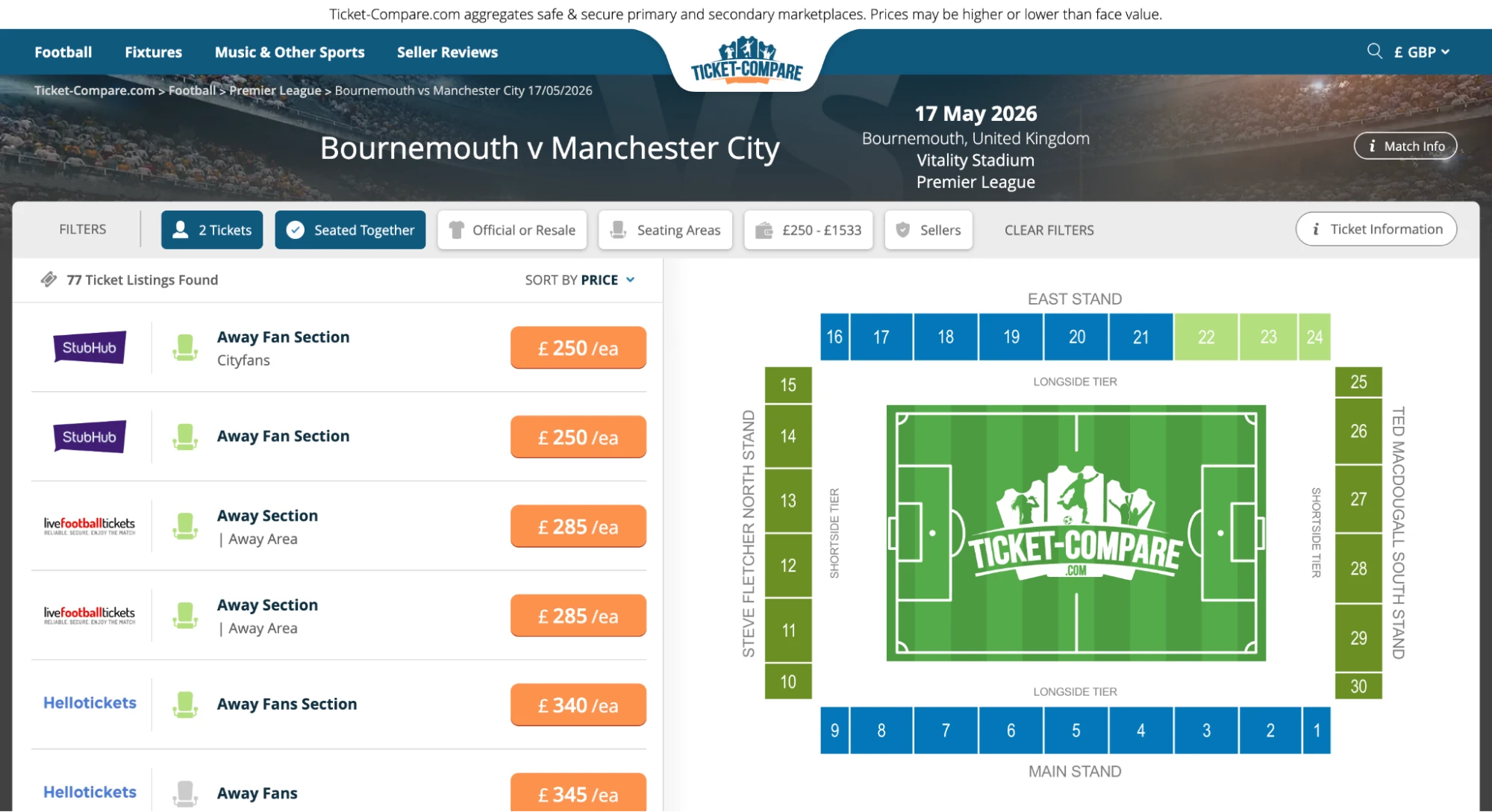 Screenshot Bournemouth v Man City kaarten