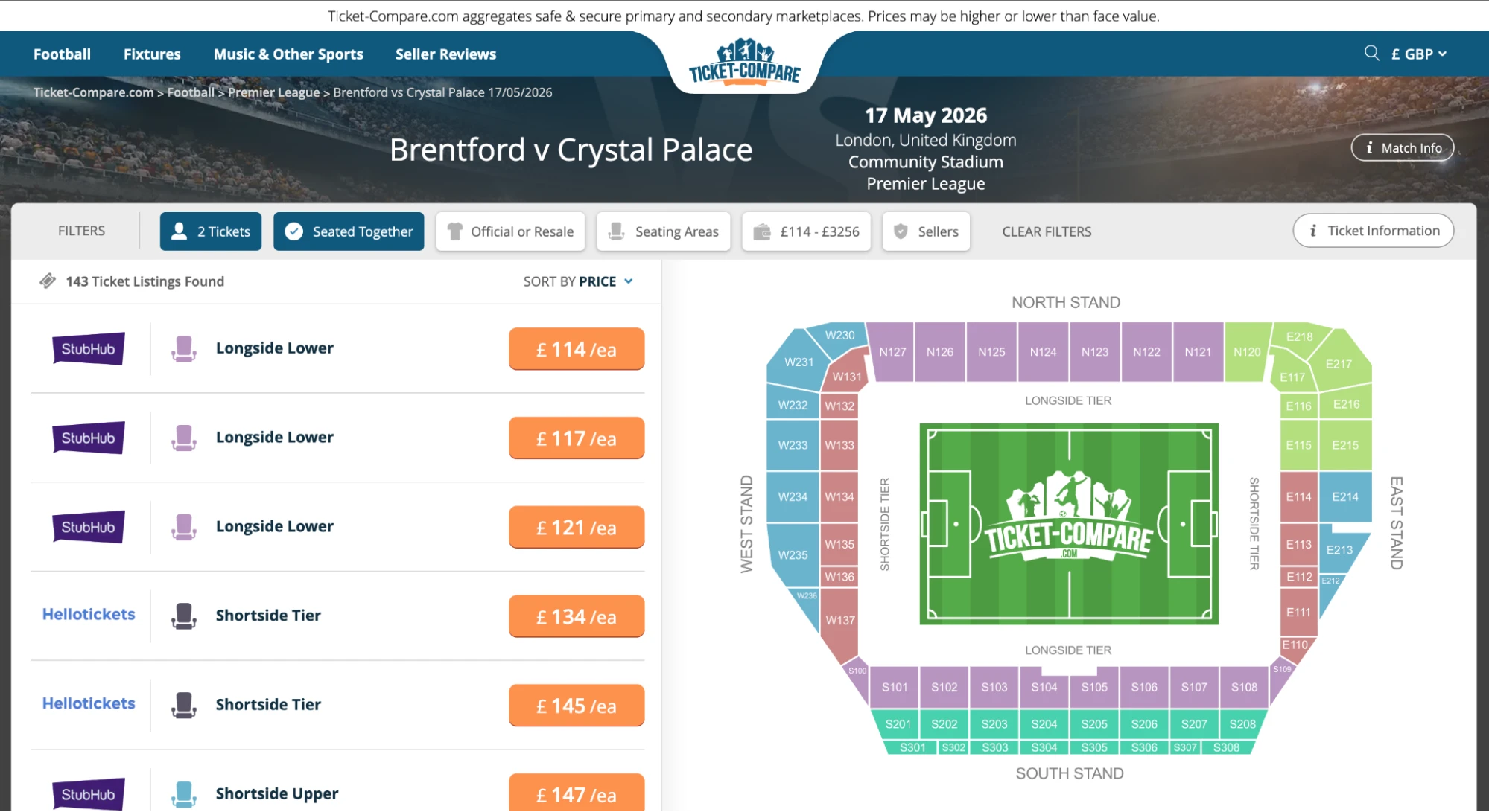 Screenshot van Brentford v Crystal Palace ticketpagina