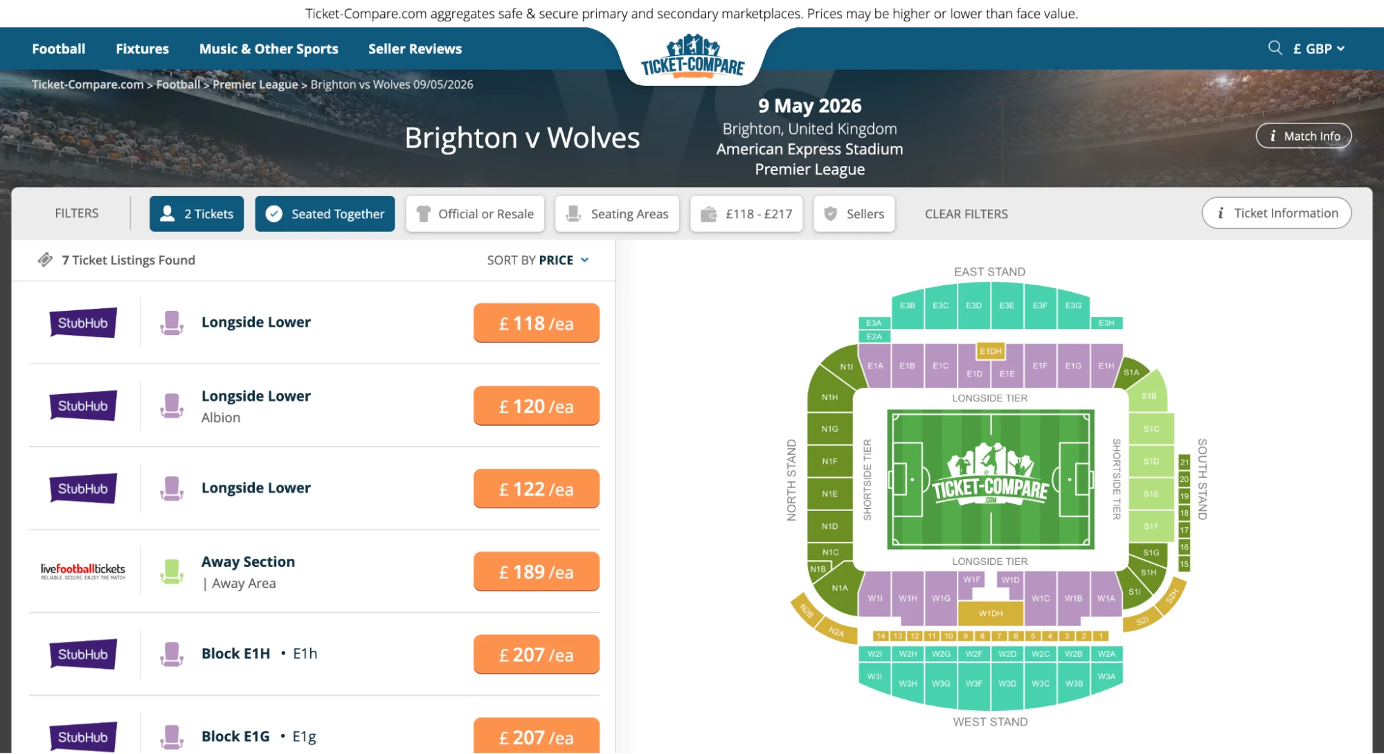 Screenshot van Brighton v Wolves tickets overzicht