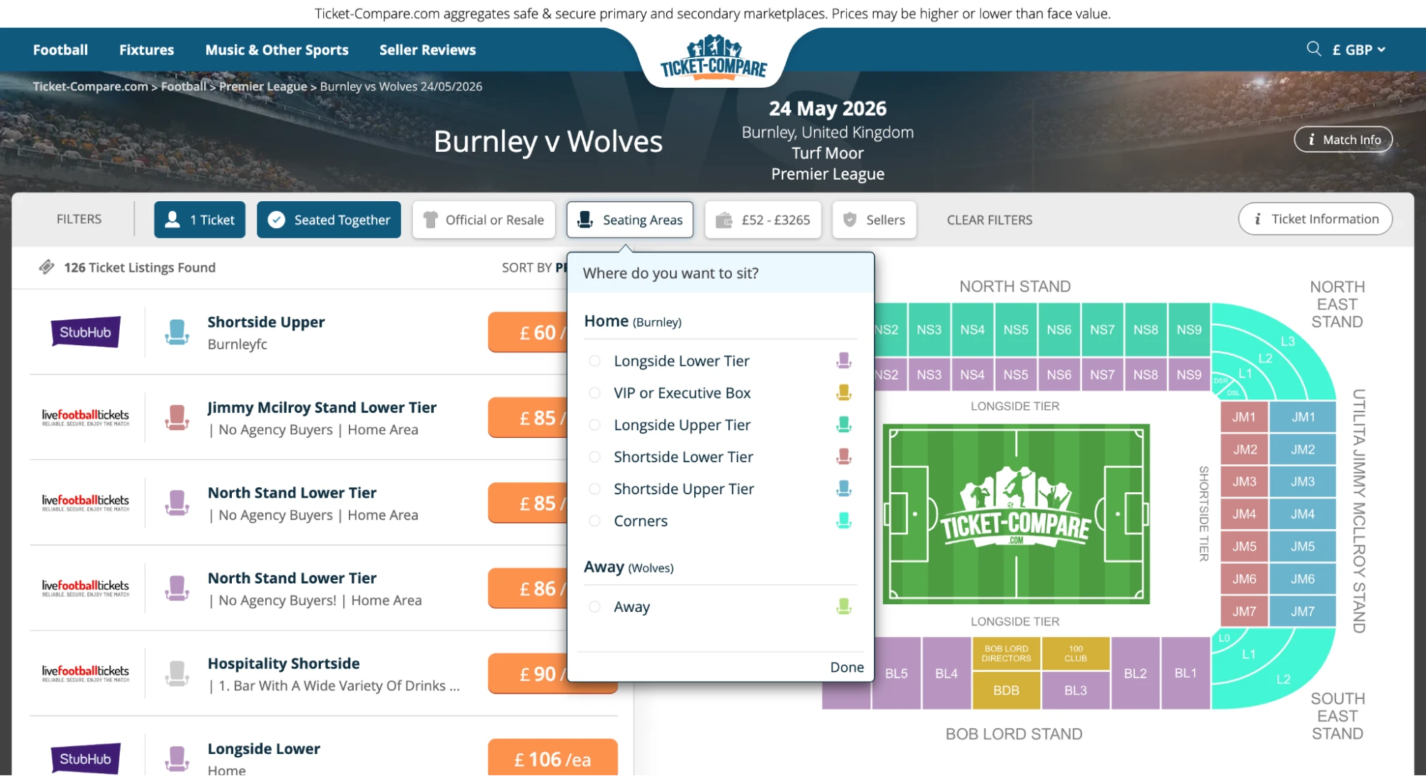 Screenshot Burnley v Wolves kaarten