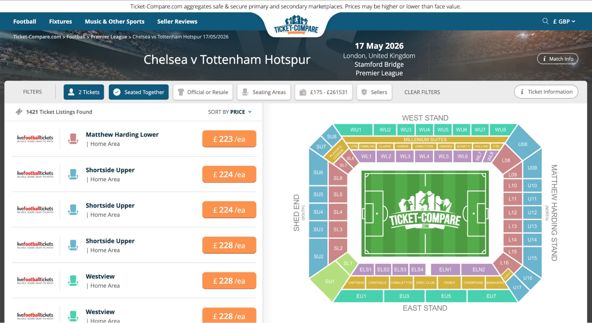 Screenshot van Chelsea v Tottenham Hotspur kaarten pagina
