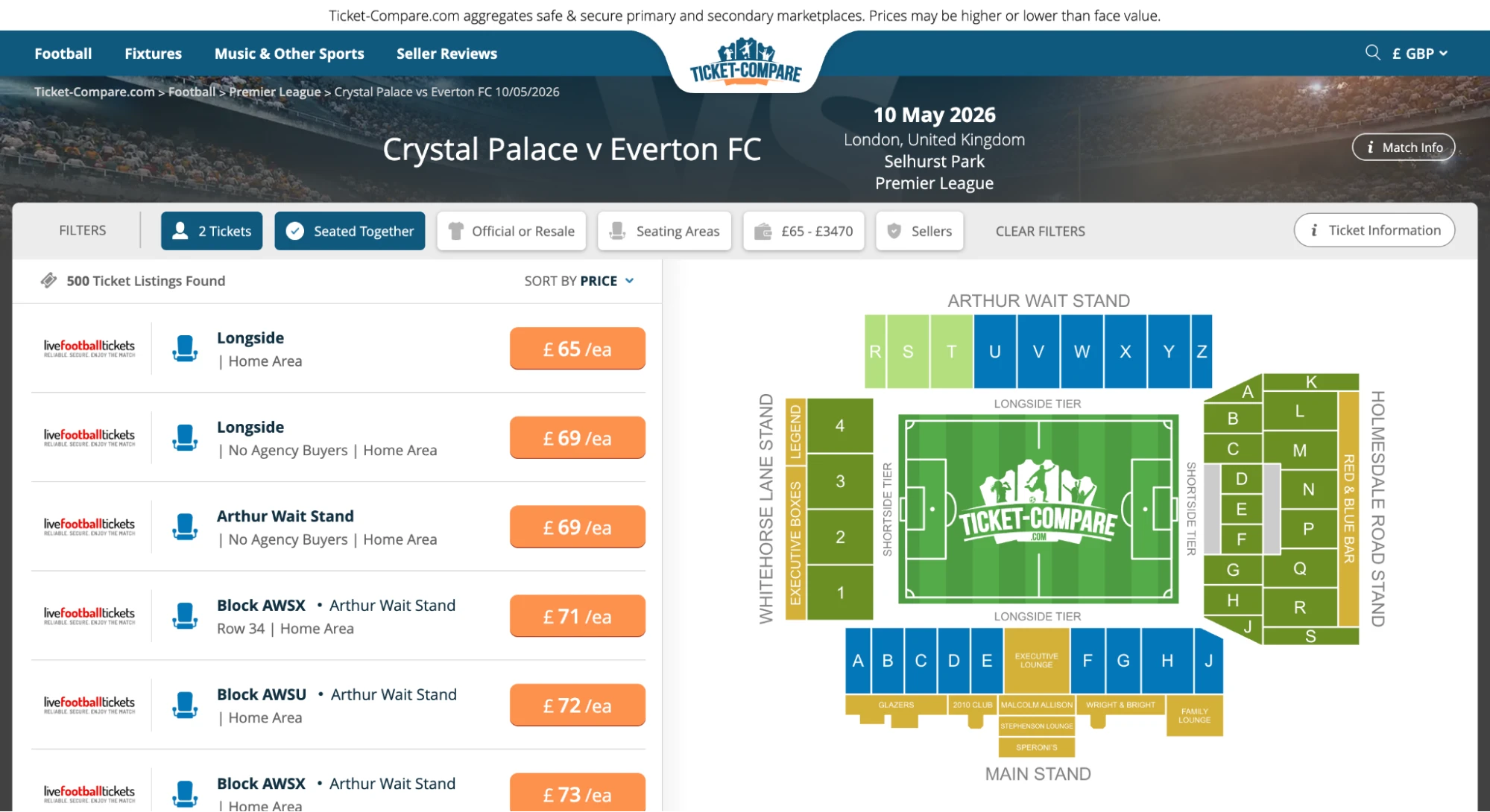 Screenshot Crystal Palace v Everton FC tickets provider overzicht