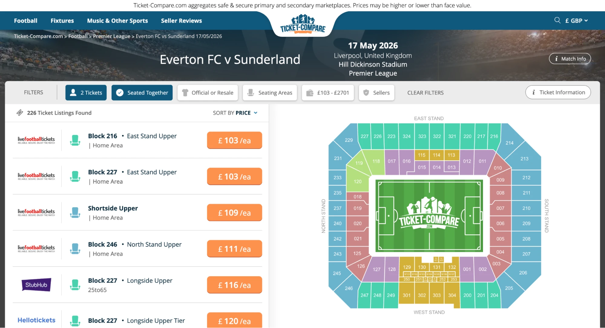 Screenshot Everton v Sunderland kaarten